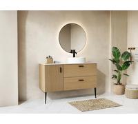 Meuble de salle de bain strié sur pieds avec vasque à poser ronde - 1 porte et 2 tiroirs - Naturel clair - 120 cm - SARONE