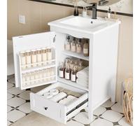 Meuble De Salle De Bain sur Pied, 51x46x85cm, Meuble sous Vasque avec Étagère Réglable, Étagère De Porte, Tiroir Silencieux De Grande Capacité, Vasque en Céramique, Blanc