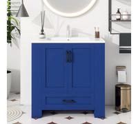 Meuble De Salle De Bain sur Pied, 76 X 46 X 78.5cm, Meuble sous Vasque, Finition, Étagères À Double Porte, Tiroirs Silencieux, Étagères des Deux Côtés, Vasque en Céramique Intégrée, Bleu