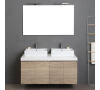 Meuble de Salle de Bain Suspendu 4 Portes chêne Naturel, Plateau Blanc, 2 lavabos décoratifs et Miroir avec Lampe | Valentina