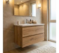 Meuble de salle de bain suspendu 79x50x45 cm - chêne mat - 2 tiroirs - plan vasque marbre coulé - B-Way SAT