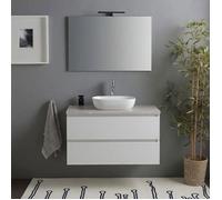 Meuble de salle de bain suspendu 80 cm blanc brillant avec plateau effet béton moderne Benaco