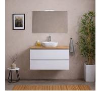 Meuble de salle de bain suspendu 80 cm blanc plateau chêne naturel miroir et lampe Berlin