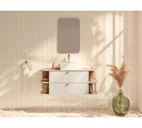 Meuble de salle de bain suspendu avec niches, vasque à poser carrée, robinet et miroir - Beige et naturel clair - 120 cm - LAVENA