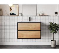 Meuble de salle de bain suspendu avec vasque à encastrer - Coloris naturel clair et noir - 80 cm - LANNICK Noir, Naturel clair