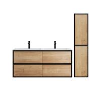 Meuble de salle de bain suspendu avec vasque à encastrer et colonne - Coloris naturel clair et noir - 120 cm - LANNICK