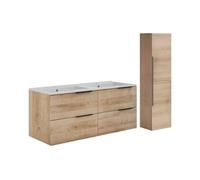 Meuble de salle de bain suspendu avec vasque à encastrer et colonne - Naturel clair - 120 cm - NISAYA
