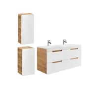 Meuble de salle de bain suspendu avec vasque à encastrer et deux colonnes - 120 cm - Coloris naturel et blanc - ARUBA