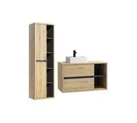 Meuble de salle de bain suspendu avec vasque carrée et colonne - Coloris naturel - 100 cm - PURNAL