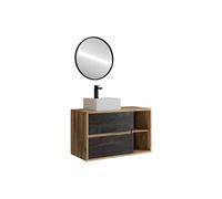 Meuble de salle de bain suspendu avec vasque carrée, robinet et miroir - Coloris naturel et anthracite - 100 cm - TIKITIKI