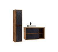 Meuble de salle de bain suspendu avec vasque et colonne - Coloris naturel et anthracite - 100 cm - TIKITIKI