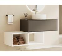 Meuble de salle de bain suspendu avec vasque ronde - 1 tiroir gris anthracite et 2 niches blanches - 94 cm - TEANA II