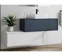 Meuble de salle de bain suspendu bleu nuit et blanc avec simple vasque carrée et deux tiroirs - TEANA II
