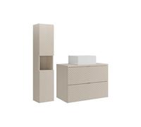Meuble de salle de bain suspendu en chevrons avec vasque à poser carrée et colonne - Beige - 80 cm - DORIONI