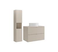 Meuble de salle de bain suspendu en chevrons avec vasque à poser ronde et colonne - Beige - 80 cm - DORIONI