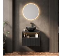 Meuble De Salle De Bain Suspendu, Lavabo Céramique Noir Avec Design Pierre, Armoire En Bois Striée Avec Tiroir Et Étagère, Éclairage LED À Détection De Mouvement, Pré-Assemblé,Noire, 60x46x60.8 cm