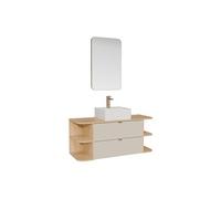 Meuble de salle de bain suspendu LAVENA avec niches, vasque à poser carrée, robinet et miroir - Beige et naturel clair - 120 cm