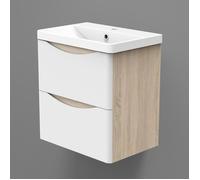 Meuble de salle de bain suspendu - [MARQUE] - 50cm - Blanc et Bois clair - 2 tiroirs soft-close