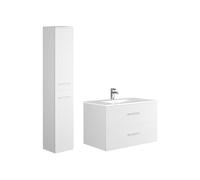 Meuble de salle de bain suspendu simple vasque avec colonne de rangement - Coloris blanc - 80 cm - KAYLA
