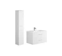 Meuble de salle de bain suspendu simple vasque avec colonne de rangement - Coloris blanc - 80 cm - KAYLA