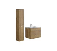 Meuble de salle de bain suspendu simple vasque avec colonne de rangement - Coloris naturel clair - 60 cm - KAYLA