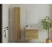 Meuble de salle de bain suspendu simple vasque avec colonne de rangement - Coloris naturel clair - 60 cm - KAYLA