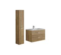 Meuble de salle de bain suspendu simple vasque avec colonne de rangement - Coloris naturel clair - 80 cm - KAYLA