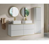 Meuble de salle de bain suspendu strié avec double vasque à poser carrée et colonne - Blanc - 120 cm - KELIZA