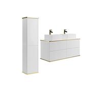 Meuble de salle de bain suspendu strié avec double vasque à poser carrée et colonne - Blanc - 120 cm - KELIZA