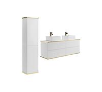 Meuble de salle de bain suspendu strié avec double vasque à poser carrée et colonne - Blanc - 150 cm - KELIZA