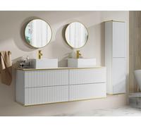 Meuble de salle de bain suspendu strié avec double vasque à poser carrée et colonne - Blanc - 150 cm - KELIZA