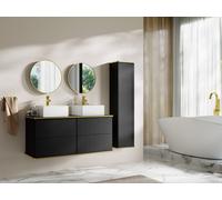 Vente-unique - Meuble de Salle de Bain Suspendu strié avec Double Vasque à Poser carrée et Colonne - Noir - 120 cm - KELIZA