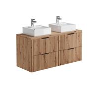 Meuble de salle de bain suspendu strié avec double vasque à poser carrée - Naturel clair - L120 cm - ZEVARA