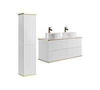Meuble de salle de bain suspendu strié avec double vasque à poser ronde et colonne - Blanc - 120 cm - KELIZA