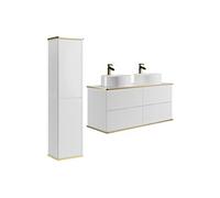 Meuble de salle de bain suspendu strié avec double vasque à poser ronde et colonne - Blanc - 120 cm - KELIZA