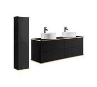 Meuble de salle de bain suspendu strié avec double vasque à poser ronde et colonne - Noir - 120 cm - KELIZA