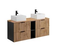 Meuble de salle de bain suspendu strié avec niches et double vasque à poser carrée - Naturel clair - L140 cm - MADELA