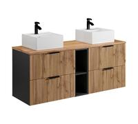 Meuble de salle de bain suspendu strié avec niches et double vasque à poser carrée - Naturel clair - L140 cm - MADELA