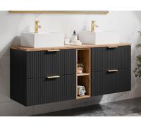 Meuble de salle de bain suspendu strié avec niches et double vasque à poser carrée - Noir et naturel clair - L140 cm - ZEVARA