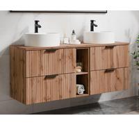 Meuble de salle de bain suspendu strié avec niches et double vasque à poser ronde - Naturel clair - L140 cm - ZEVARA