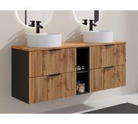 Meuble de salle de bain suspendu strié avec niches et double vasque à poser ronde - Naturel clair - L140 cm - MADELA