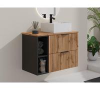 Meuble de salle de bain suspendu strié avec niches et vasque à poser carrée - Naturel clair - L80 cm - MADELA