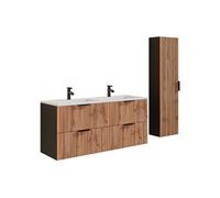 Meuble de salle de bain suspendu strié avec vasque à encastrer avec colonne - Naturel clair et noir - 120 cm - MADELA