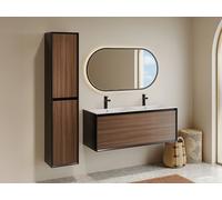 Meuble de salle de bain suspendu strié avec vasque à encastrer, colonne et robinet - Coloris naturel foncé et noir - 120 cm - BANIVA