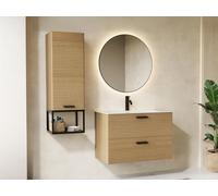 Meuble de salle de bain suspendu strié avec vasque à encastrer et colonne avec niche - 2 tiroirs - Naturel clair - 80 cm - SARONE