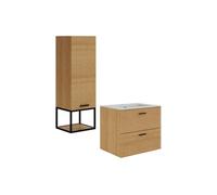 Meuble de salle de bain suspendu strié avec vasque à encastrer et colonne avec niche - 2 tiroirs - Naturel clair - 60 cm - SARONE