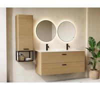 Meuble de salle de bain suspendu strié avec vasque à encastrer et colonne avec niche - 2 tiroirs - Naturel clair - 120 cm - SARONE