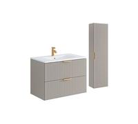 Meuble de salle de bain suspendu strié avec vasque à encastrer et colonne - Coloris beige - 80 cm - ZEVARA