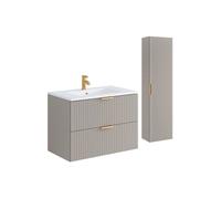 Vente-unique - Meuble de Salle de Bain Suspendu strié avec Vasque à encastrer et Colonne - Coloris Beige - 80 cm - ZEVARA