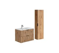 Meuble de salle de bain suspendu strié avec vasque à encastrer et colonne - Coloris naturel clair - 80 cm - ZEVARA